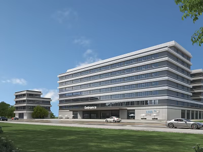 Modern Multi Storey Office Building With Glass Facade Green Lawn And Parked Cars 3d model