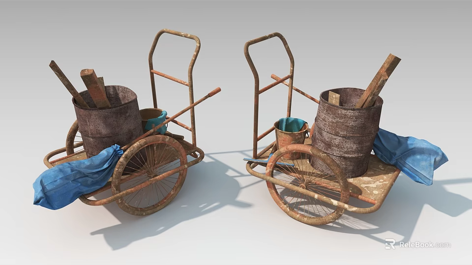 Rustic Old Fashioned Wheelbarrows Featuring Wooden Buckets Tools And Blue Cloth 3d model 