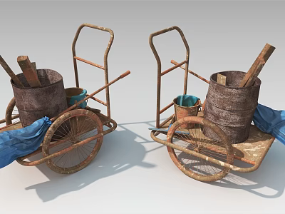 Rustic Old Fashioned Wheelbarrows Featuring Wooden Buckets Tools And Blue Cloth 3d model