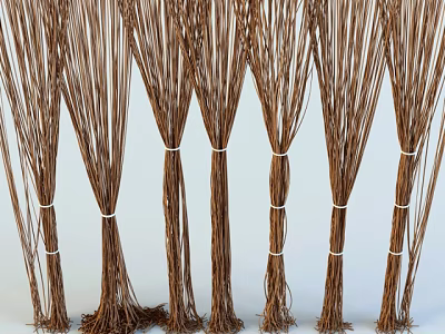 Natural Brown Reed Woven Curtains with White Ties for Home Window Decor 3d model