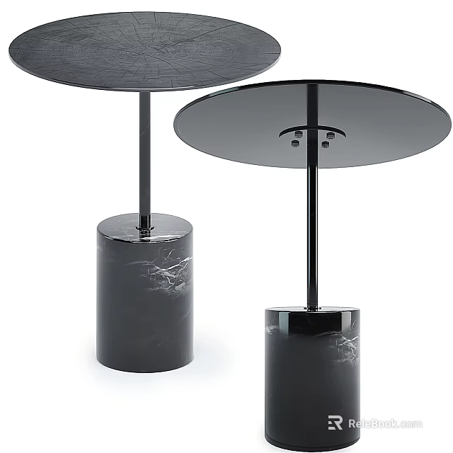 Modern Side Table With Round Top Black Surface And Marble Cylinder Base 3d model