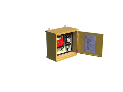 Industrial Electrical Control Cabinet With Yellow Enclosure Open Door And Internal Components 3d model