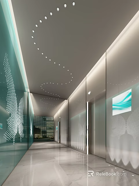 Modern Elevator Hallway Design With Glass Walls Ceiling Lights And Decorative Art 3d model 