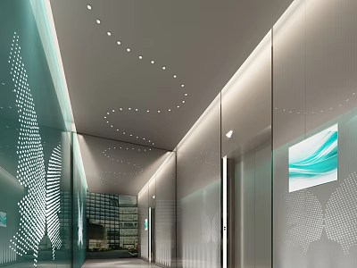Modern Elevator Hallway Design With Glass Walls Ceiling Lights And Decorative Art 3d model