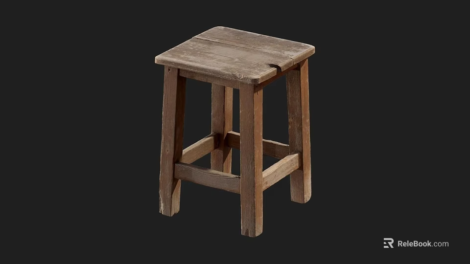 Rustic Vintage Wooden Stool With Four Legs And Simple Worn Design 3d model 