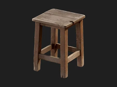 Rustic Vintage Wooden Stool With Four Legs And Simple Worn Design 3d model