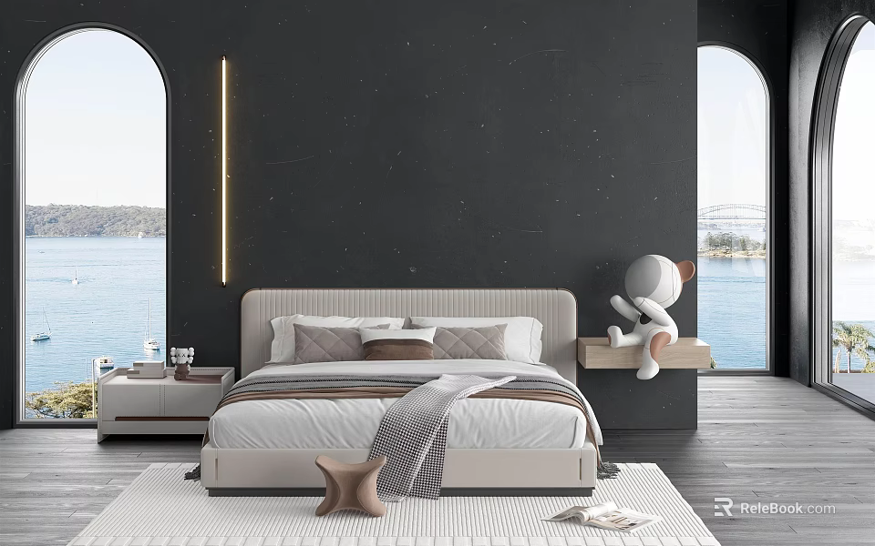 Elegant Double Bed With Light Strip On Black Wall And Sea View Through Arched Window 3d model