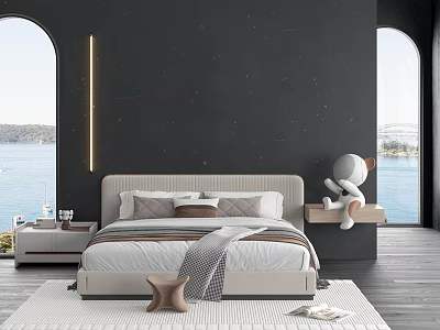 Elegant Double Bed With Light Strip On Black Wall And Sea View Through Arched Window 3d model
