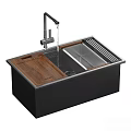 Modern Stainless Steel Kitchen Sink With Wooden Cover Drying Rack And Faucet