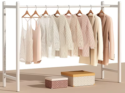 Stylish Light Colored Clothes Of Various Styles On White Rack 3d model