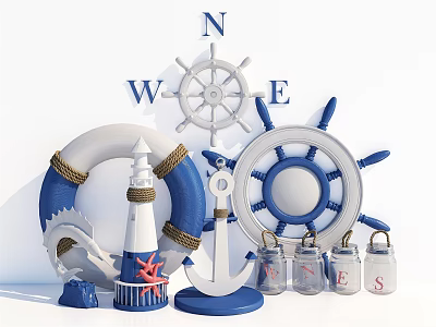 Nautical Themed Decorative Ornament Set With Steering Wheels Lifebuoy Lighthouse Anchor And Glass Jars 3d model
