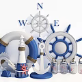 Nautical Themed Decorative Ornament Set With Steering Wheels Lifebuoy Lighthouse Anchor And Glass Jars