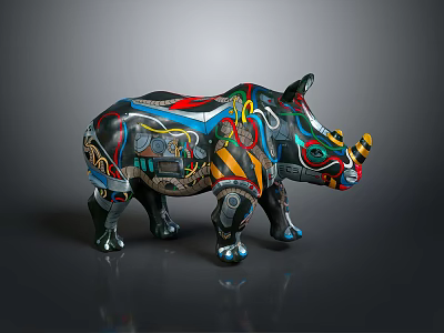 Colorful Rhinoceros Sculpture With Intricate Decorative Patterns And Vibrant Hues 3d model