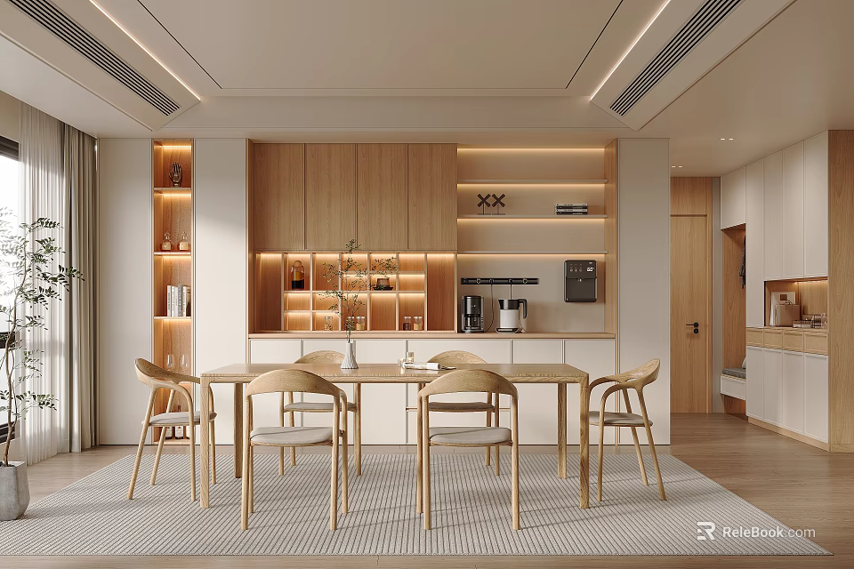 Modern Open Restaurant Interior Design With Wooden Dining Table And Chairs 3d model