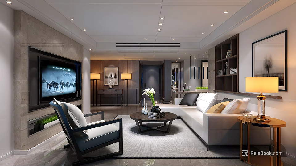 Modern Living Room Interior Design With Sofa TV Coffee Table And Decorative Lamps 3d model 