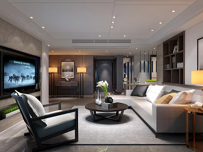Modern Living Room Interior Design With Sofa TV Coffee Table And Decorative Lamps 3d model