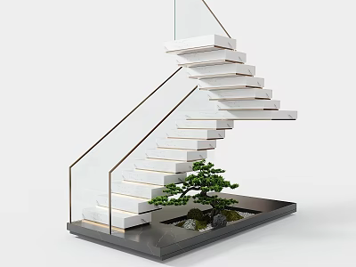 Modern Staircase With Glass Railing White Steps And Bonsai Tree On Stone Platform 3d model
