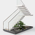 Modern Staircase With Glass Railing White Steps And Bonsai Tree On Stone Platform