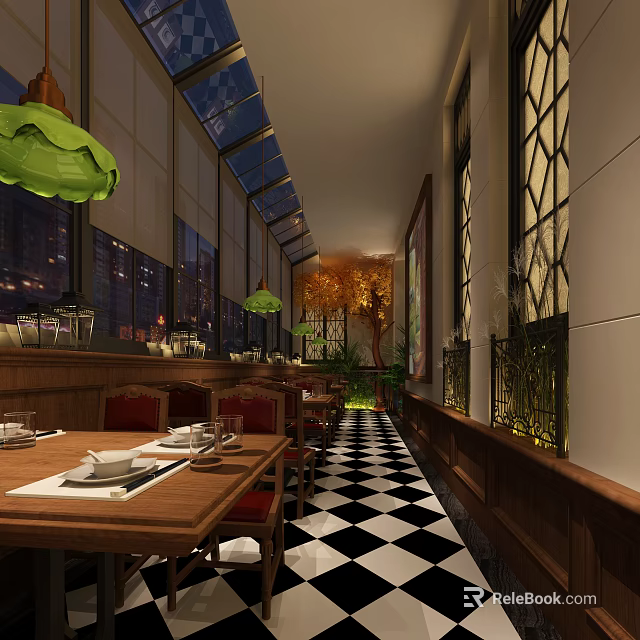 Elegant Restaurant Interior Design With Wooden Tables Chairs Black White Checkered Floor And Hanging Lamps 3d model 