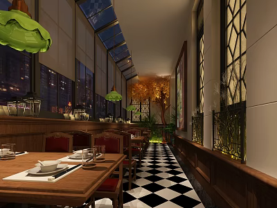 Elegant Restaurant Interior Design With Wooden Tables Chairs Black White Checkered Floor And Hanging Lamps 3d model