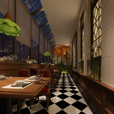 Elegant Restaurant Interior Design With Wooden Tables Chairs Black White Checkered Floor And Hanging Lamps 3d model