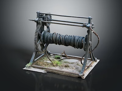 Vintage Metal Winch With Gear Spiral Drum And Moss And Dirt Covered Stand 3d model