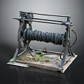 Vintage Metal Winch With Gear Spiral Drum And Moss And Dirt Covered Stand