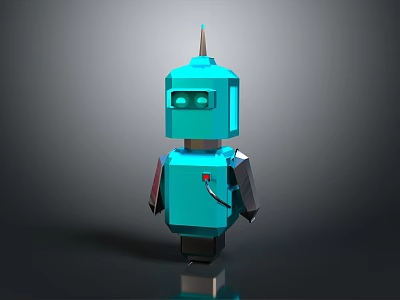 Blue 3D Robot Model With Spiked Head Square Body Green Eyes And Dark Background 3d model