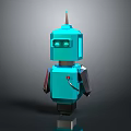 Blue 3D Robot Model With Spiked Head Square Body Green Eyes And Dark Background