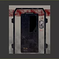 Dark Door With White Frame Red Stains And Green Label On Metal Structure