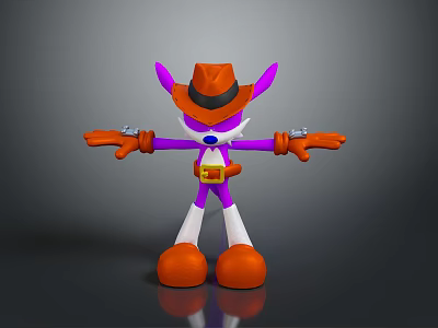 3D Cartoon Character With Purple Ears Orange Hat White Body Yellow Belt And Arms Outstretched 3d model