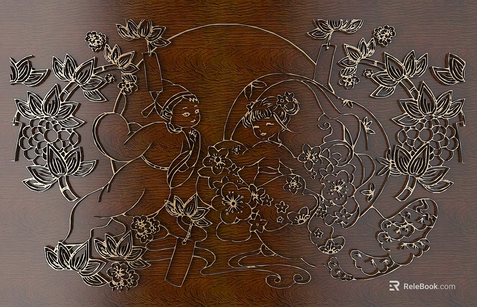 Exquisite Carved Wooden Artwork With Children Figures And Lotus Flower Patterns 3d model 
