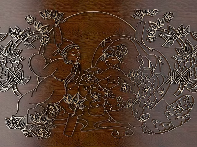 Exquisite Carved Wooden Artwork With Children Figures And Lotus Flower Patterns 3d model