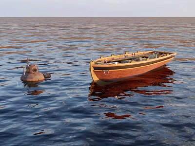 Wooden Boat Floating On Calm Sea Water With Buoy And Ripples On Surface 3d model