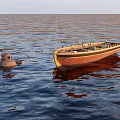 Wooden Boat Floating On Calm Sea Water With Buoy And Ripples On Surface