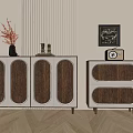 Modern Entryway Cabinet And Sideboard With Walnut Wood White Panels Decorative Lamp And Wall Art