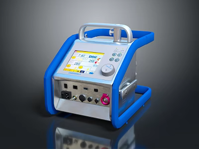 Portable Blue And Silver Device With Digital Display Control Knob And Interface Ports 3d model