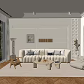 Modern Minimalist Living Room Interior Featuring Beige Sofa Wooden Coffee Table Carpet And Floor Lamp
