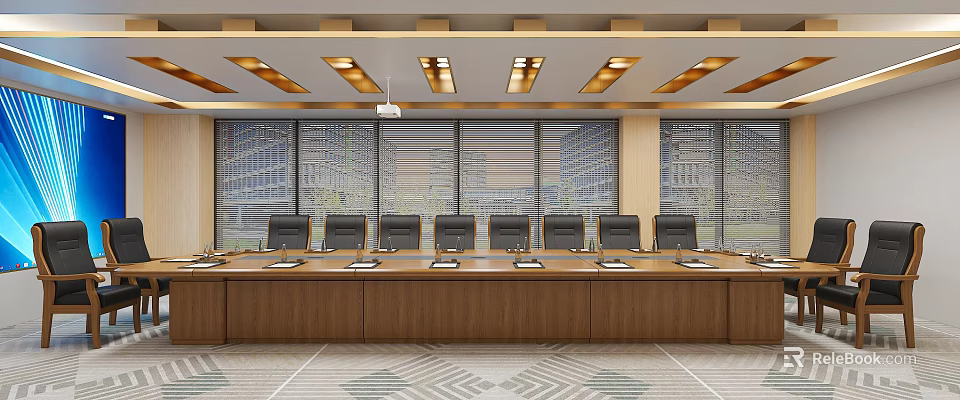 Modern Conference Room With Long Wooden Table Black Chairs Recessed Lighting Large Windows Geometric Carpet 3d model 