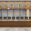 Modern Conference Room With Long Wooden Table Black Chairs Recessed Lighting Large Windows Geometric Carpet