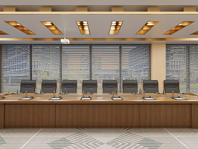 Modern Conference Room With Long Wooden Table Black Chairs Recessed Lighting Large Windows Geometric Carpet 3d model