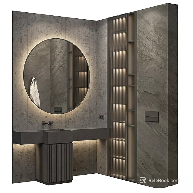 Modern Bathroom Washbasin With Backlit Round Mirror Marble Walls And Light Strips 3d model 