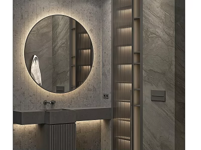 Modern Bathroom Washbasin With Backlit Round Mirror Marble Walls And Light Strips 3d model