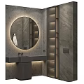 Modern Bathroom Washbasin With Backlit Round Mirror Marble Walls And Light Strips
