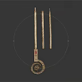 Ancient Decorative Weapon With Three Long Bars Circular Base And Intricate Patterns On Dark Background