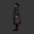 Man Standing with Arms Outstretched Wearing Long Coat Green Shirt Black Pants and Boots