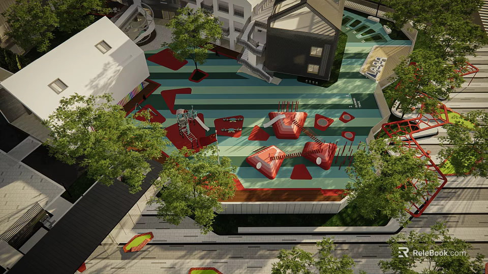 Colorful Kids Playground Design With Red Play Structures Green Trees And Striped Flooring 3d model 