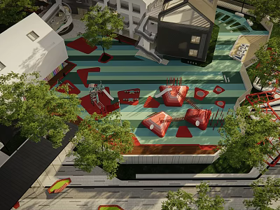 Colorful Kids Playground Design With Red Play Structures Green Trees And Striped Flooring 3d model