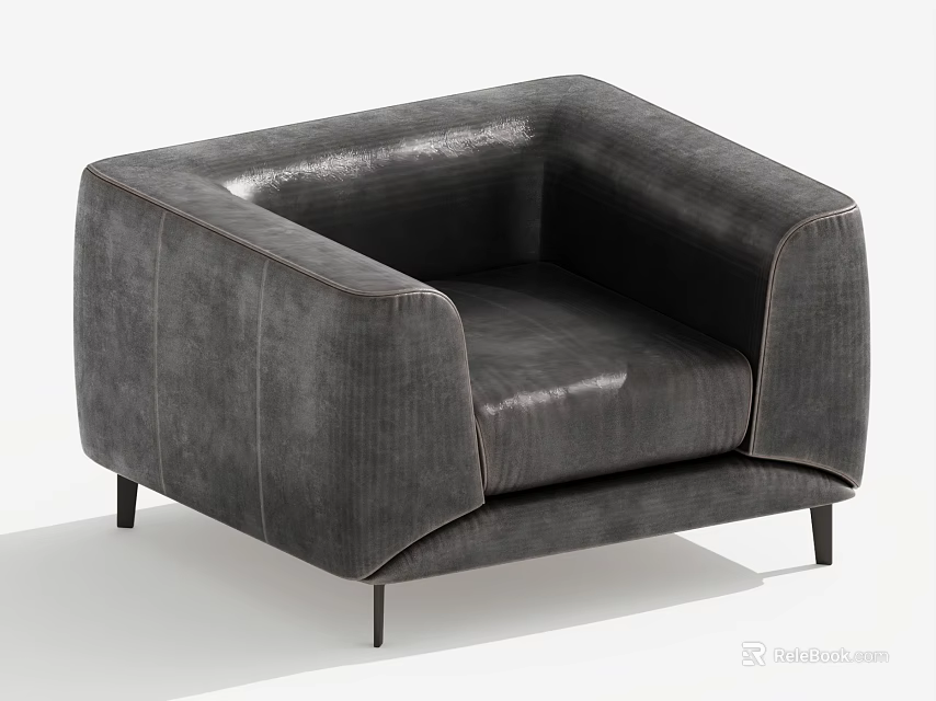 Modern Gray Leather Single Sofa With Square Design And Black Slim Legs 3d model 