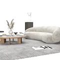 Modern Grey Sofa and Coffee Table Set With Round Ottoman and Decorative Vase 3d model